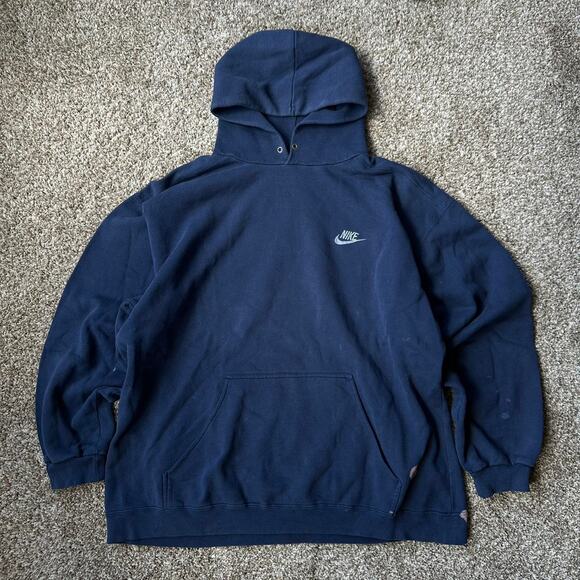 Vintage 90s Baggy Nike Check Navy Cotton Hoodie Sweatshirt - Picture 3 of 7